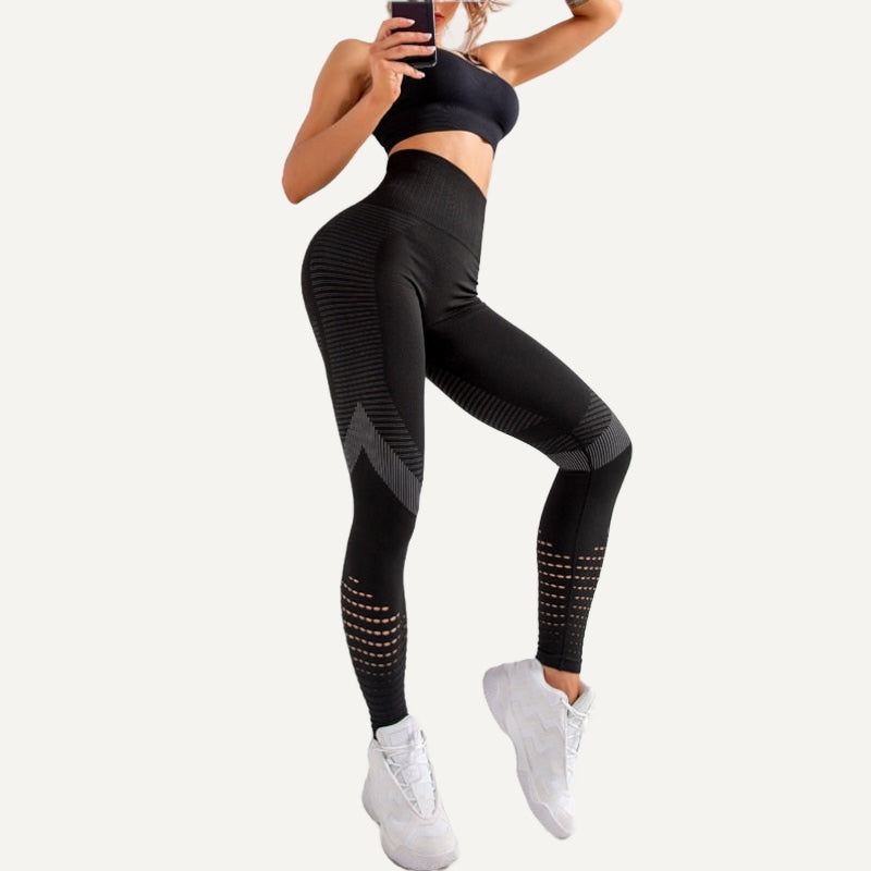 High-Waisted Leggings with Openwork Calf Panels - Black