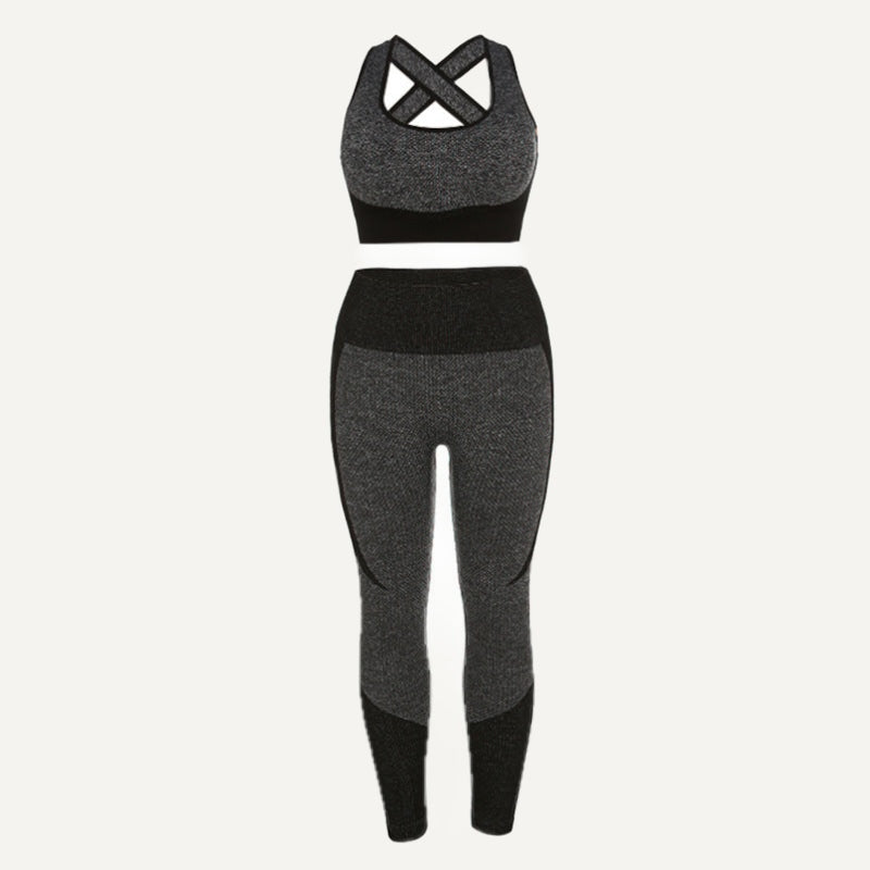 Cross-Back Sports Bra and Colorblock Leggings Set - Charcoal