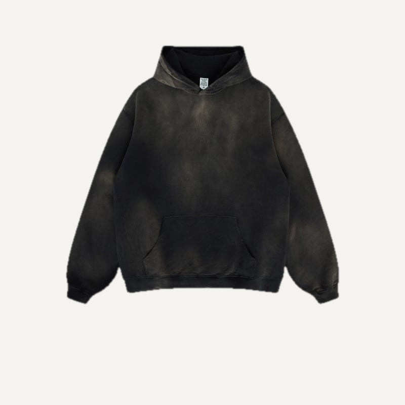 Washed Cotton Hoodie with Kangaroo Pocket - Washed Black