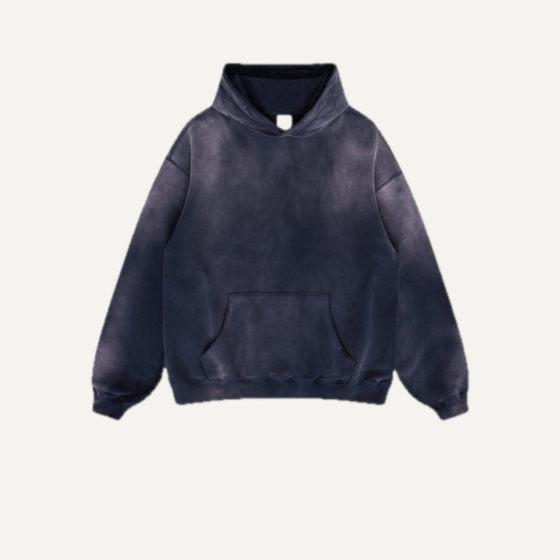 Washed Cotton Hoodie with Kangaroo Pocket - Washed Navy