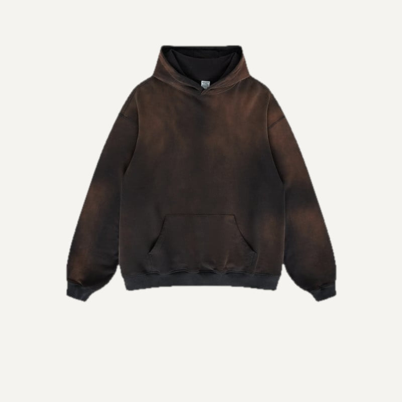 Washed Cotton Hoodie with Kangaroo Pocket - Washed Brown