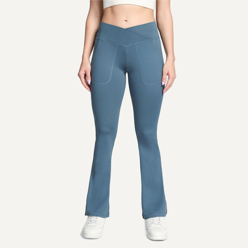Crossover-Waist Flared Leggings with Side Pockets - Slate Blue