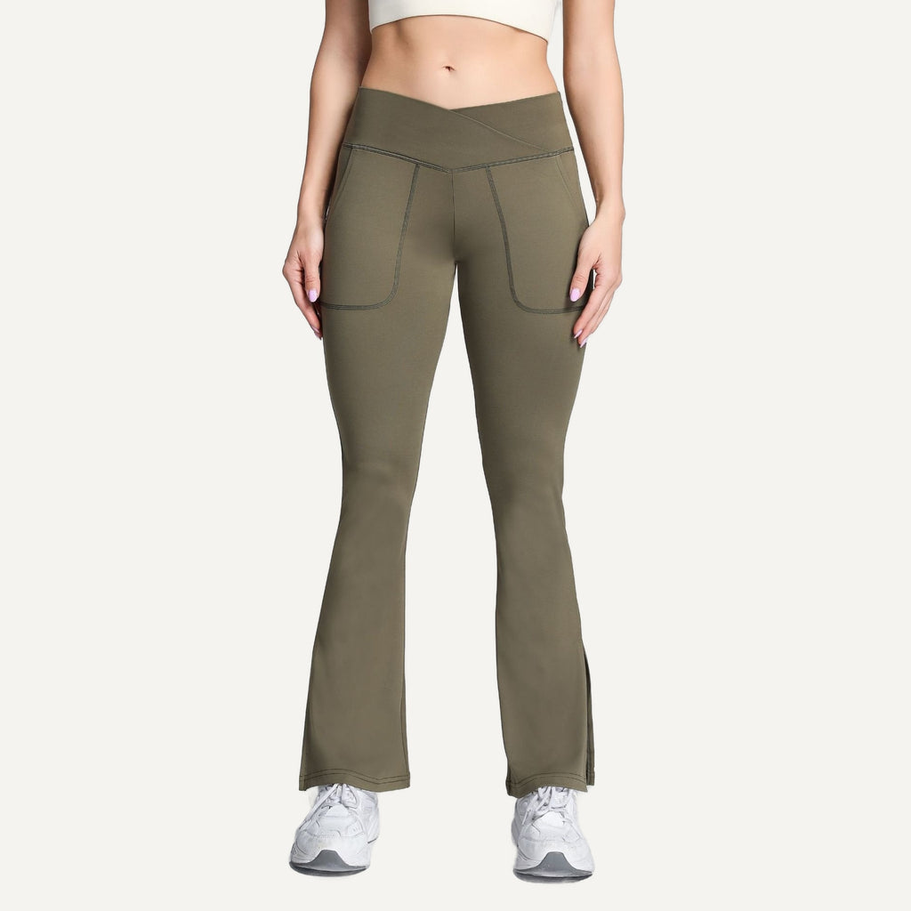 Crossover-Waist Flared Leggings with Side Pockets - Olive