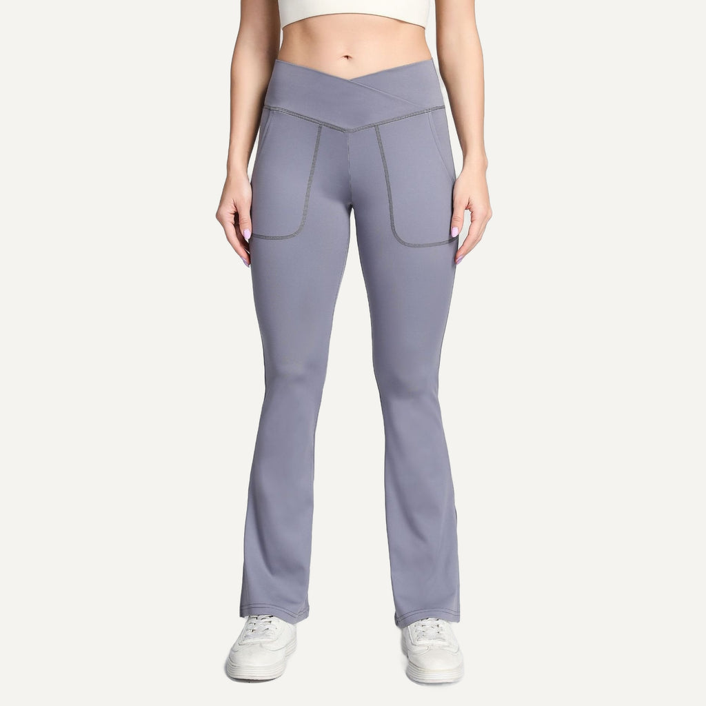 Crossover-Waist Flared Leggings with Side Pockets - Lavender Gray