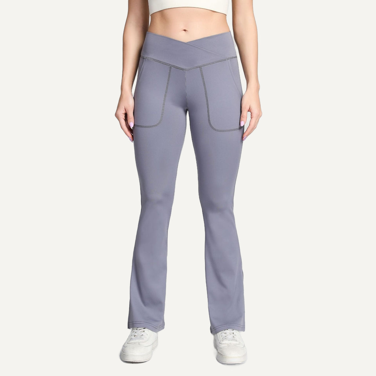 Crossover-Waist Flared Leggings with Side Pockets - Lavender Gray