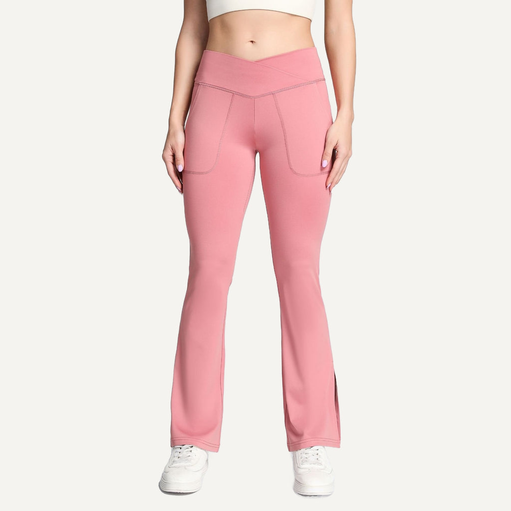 Crossover-Waist Flared Leggings with Side Pockets - Pink