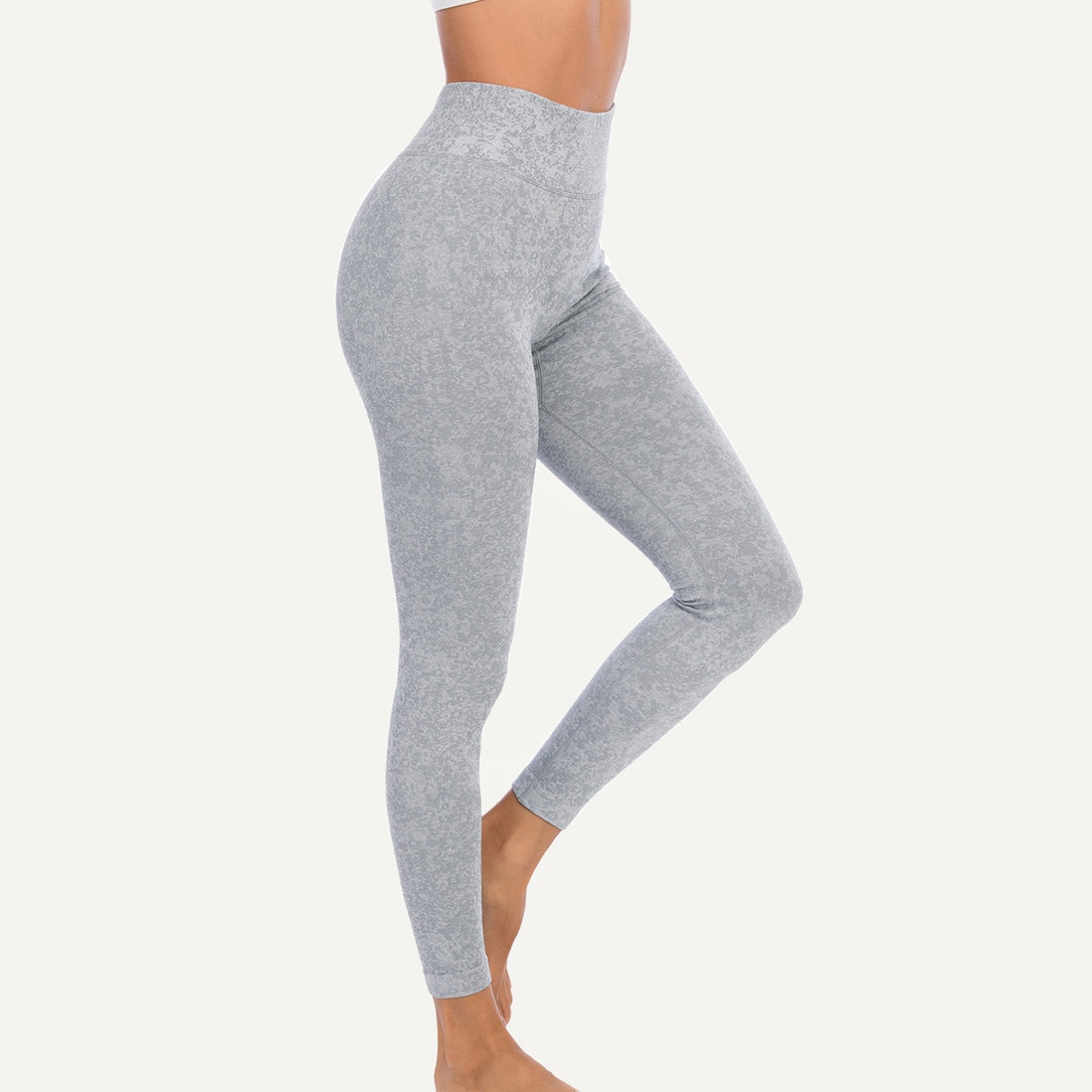 High-Waisted Heathered Leggings - Light Gray