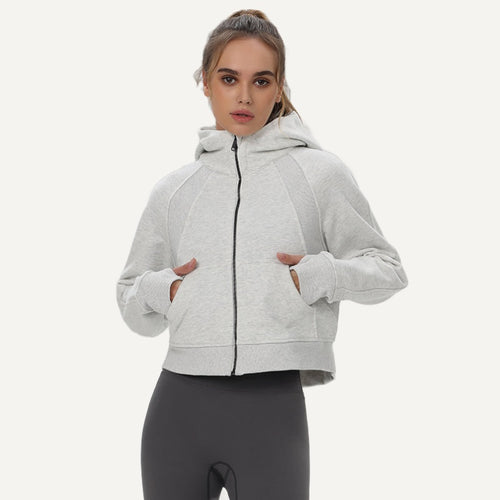 Cropped Zip-Up Hoodie with Thumbholes - Light Gray