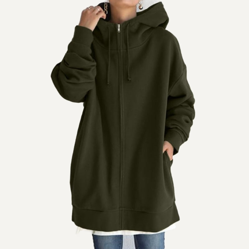 Long Fleece Hoodie with Half-Zip Front - Olive