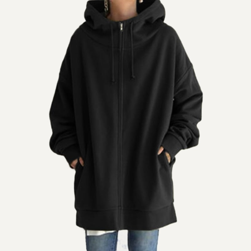 Long Fleece Hoodie with Half-Zip Front - Black