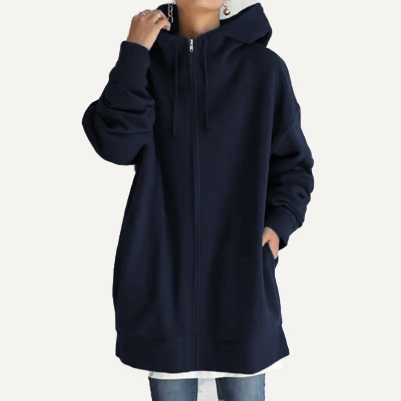 Long Fleece Hoodie with Half-Zip Front - Navy
