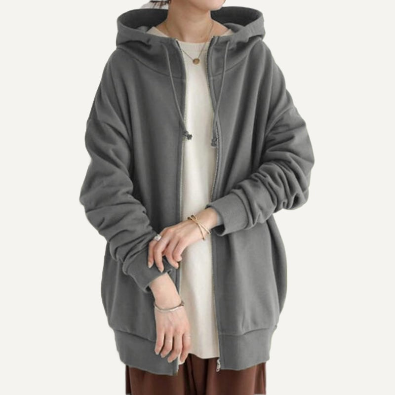 Long Fleece Hoodie with Half-Zip Front - Gray