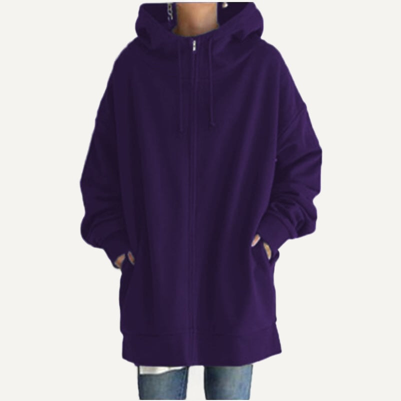 Long Fleece Hoodie with Half-Zip Front - Purple