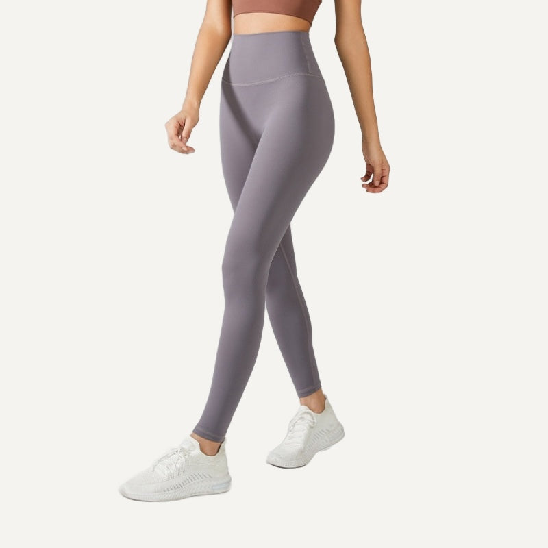 High-Waisted Solid Leggings with Wide Waistband - Mauve Gray
