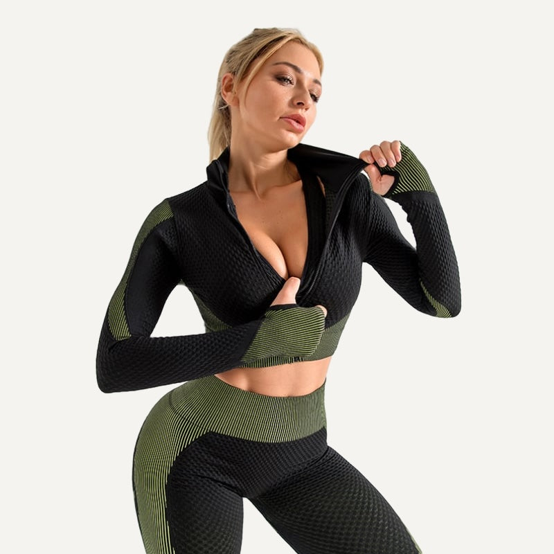 Cropped Zip-Up Jacket with Textured Panels - Black Olive