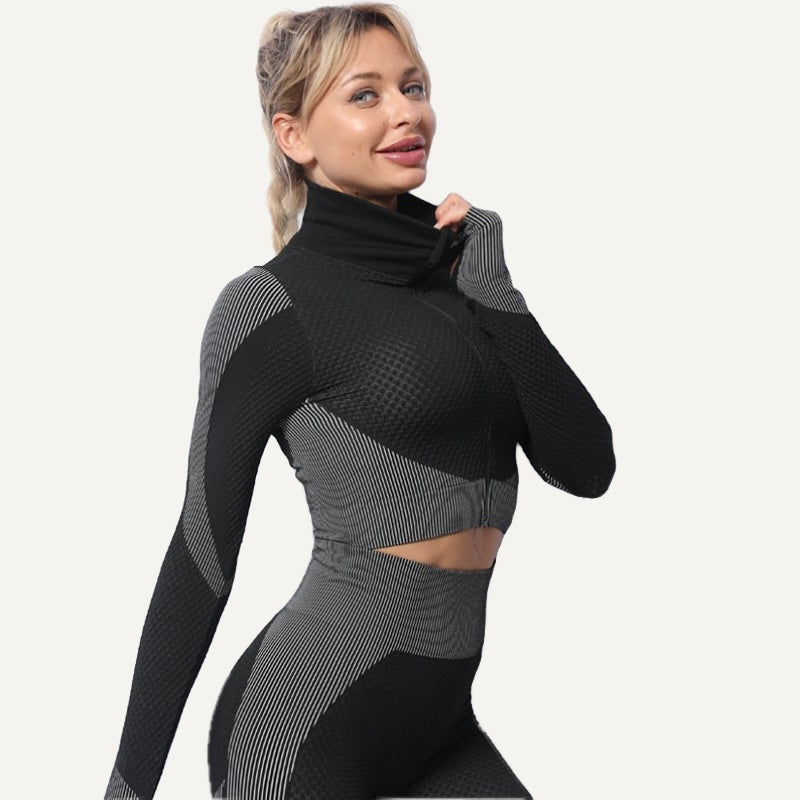 Cropped Zip-Up Jacket with Textured Panels - Black Gray