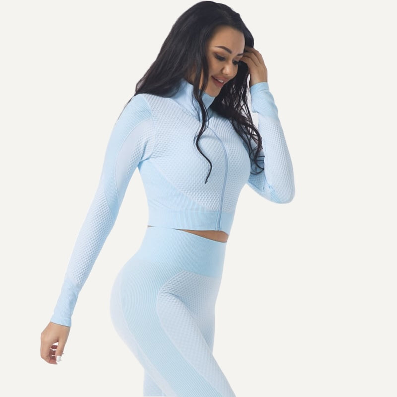Cropped Zip-Up Jacket with Textured Panels - Light Blue