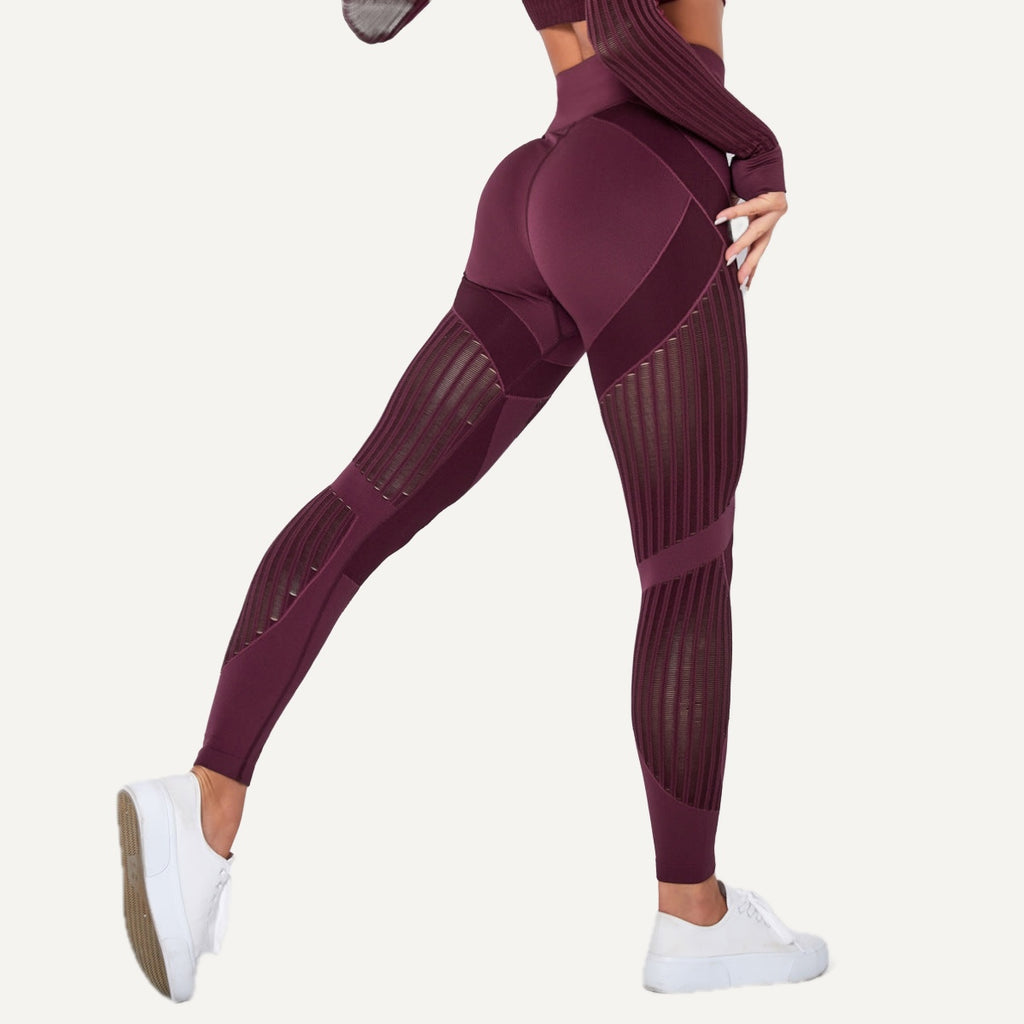 High-Waisted Leggings with Sheer Stripe Panels - Burgundy