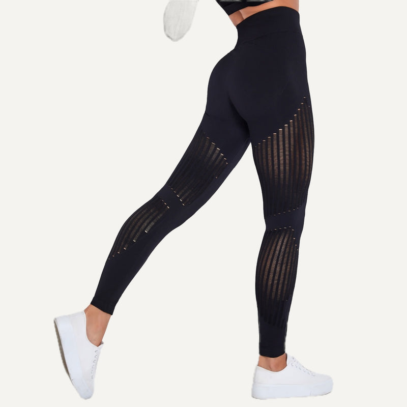 High-Waisted Leggings with Sheer Stripe Panels - Black
