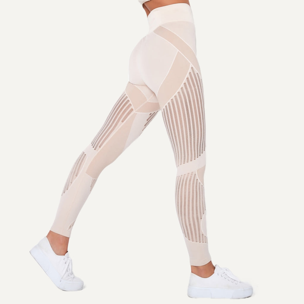 High-Waisted Leggings with Sheer Stripe Panels - Ivory
