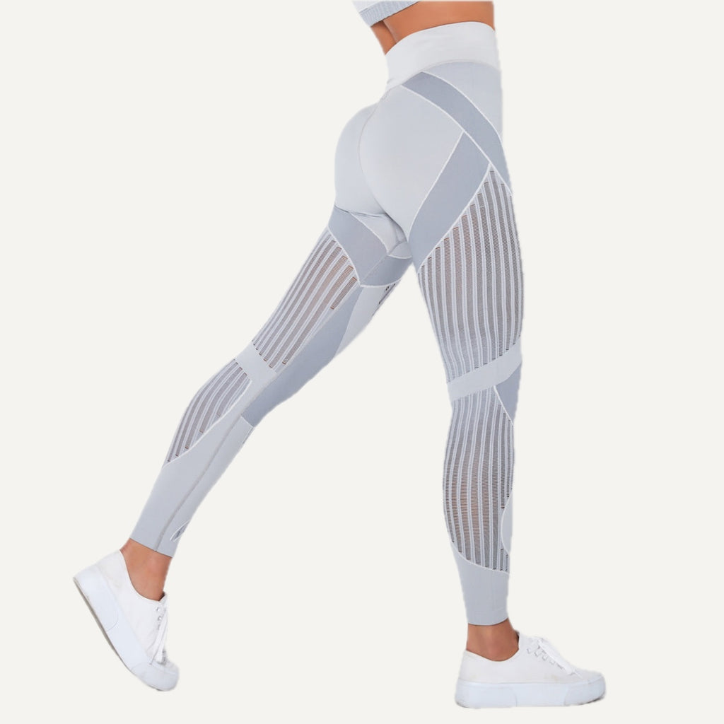 High-Waisted Leggings with Sheer Stripe Panels - Light Gray