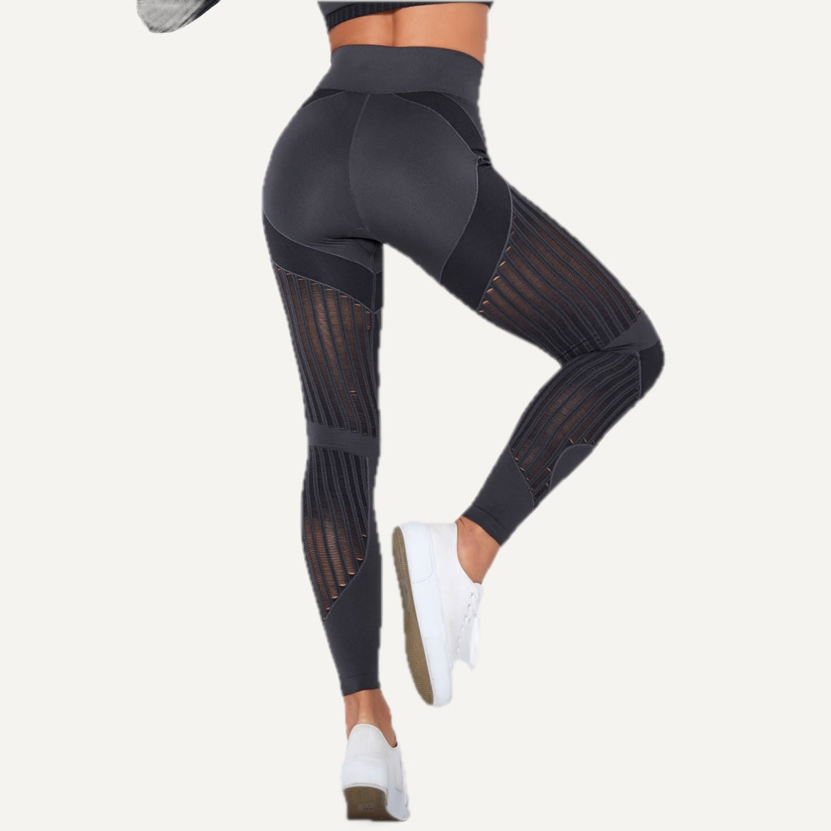 High-Waisted Leggings with Sheer Stripe Panels - Charcoal