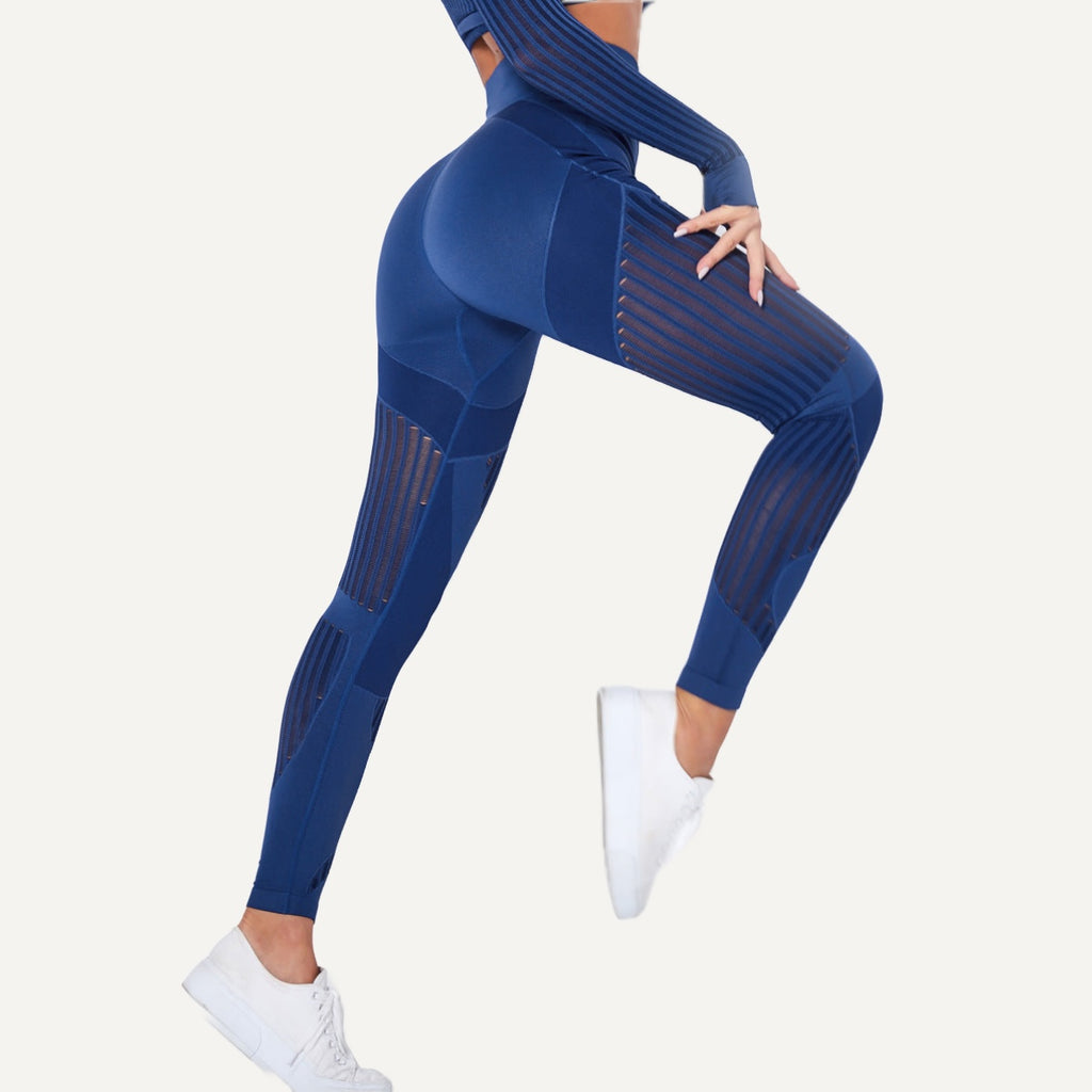 High-Waisted Leggings with Sheer Stripe Panels - Navy