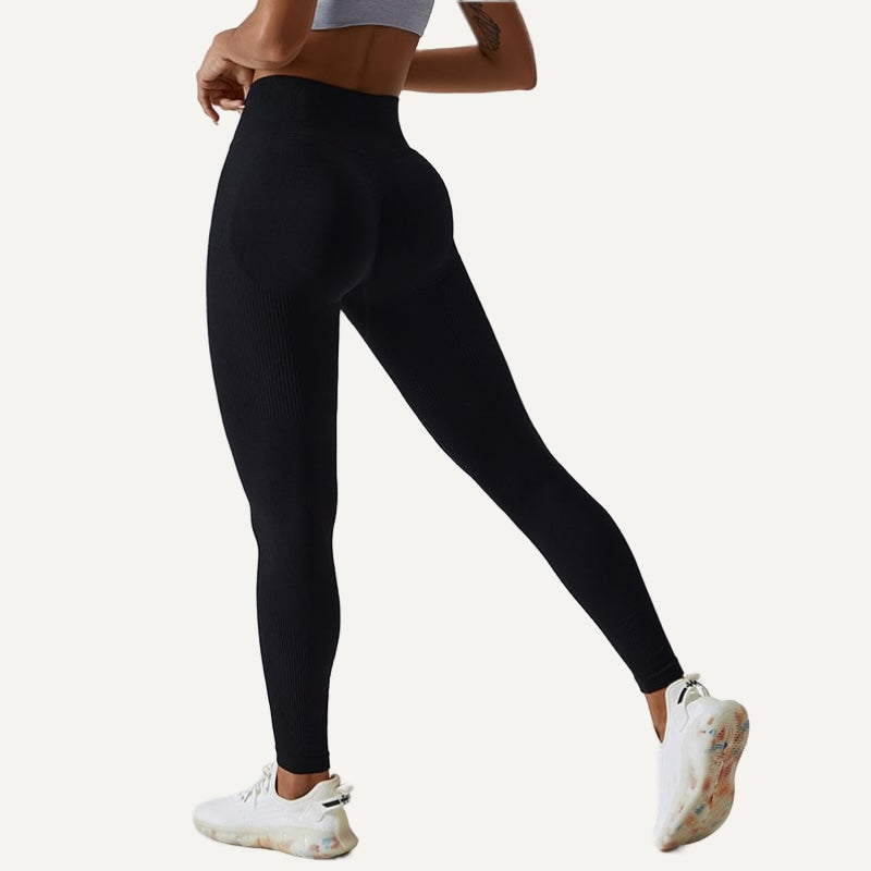 High-Waisted Seamless Leggings with Ribbed Panels - Black