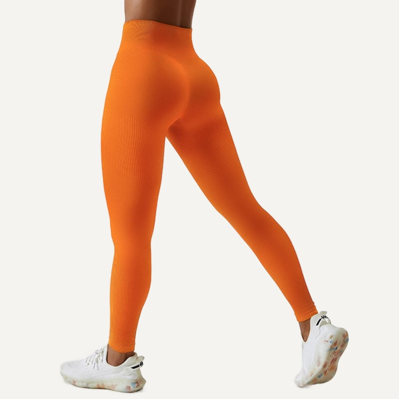 High-Waisted Seamless Leggings with Ribbed Panels - Orange