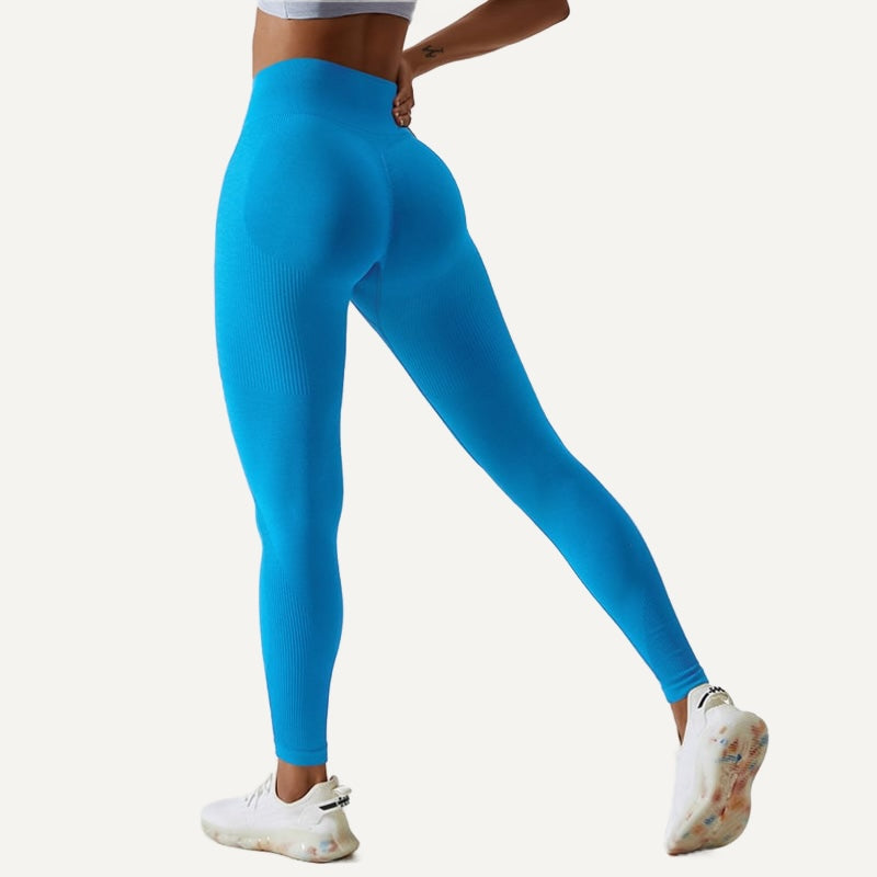 High-Waisted Seamless Leggings with Ribbed Panels - Bright Blue