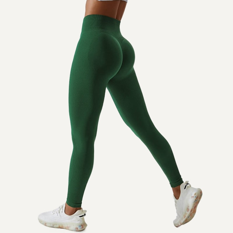 High-Waisted Seamless Leggings with Ribbed Panels - Forest Green