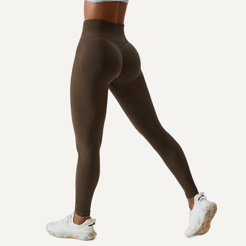 High-Waisted Seamless Leggings with Ribbed Panels - Dark Brown
