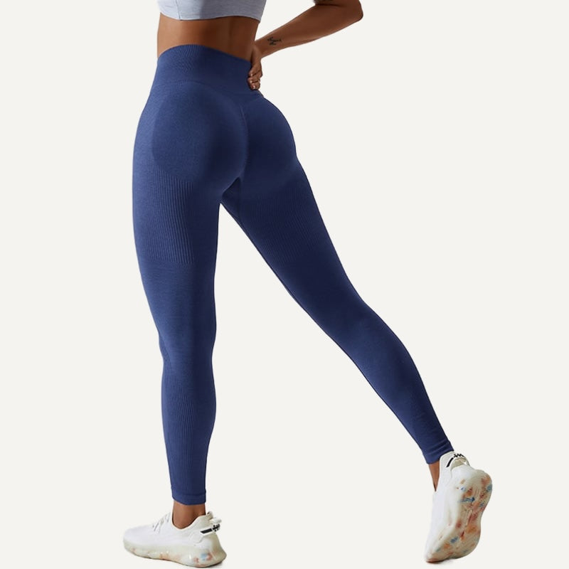 High-Waisted Seamless Leggings with Ribbed Panels - Indigo