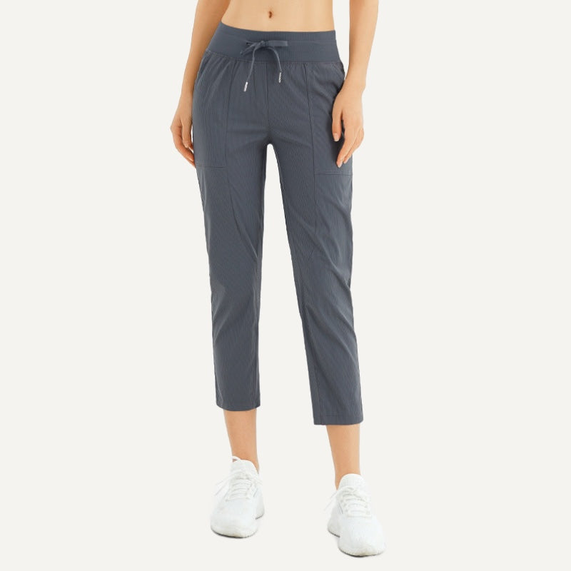 Cropped Drawstring Pants with Side Pockets - Slate Blue
