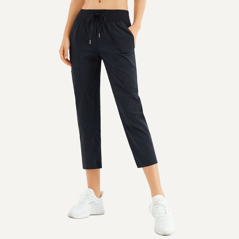 Cropped Drawstring Pants with Side Pockets - Black