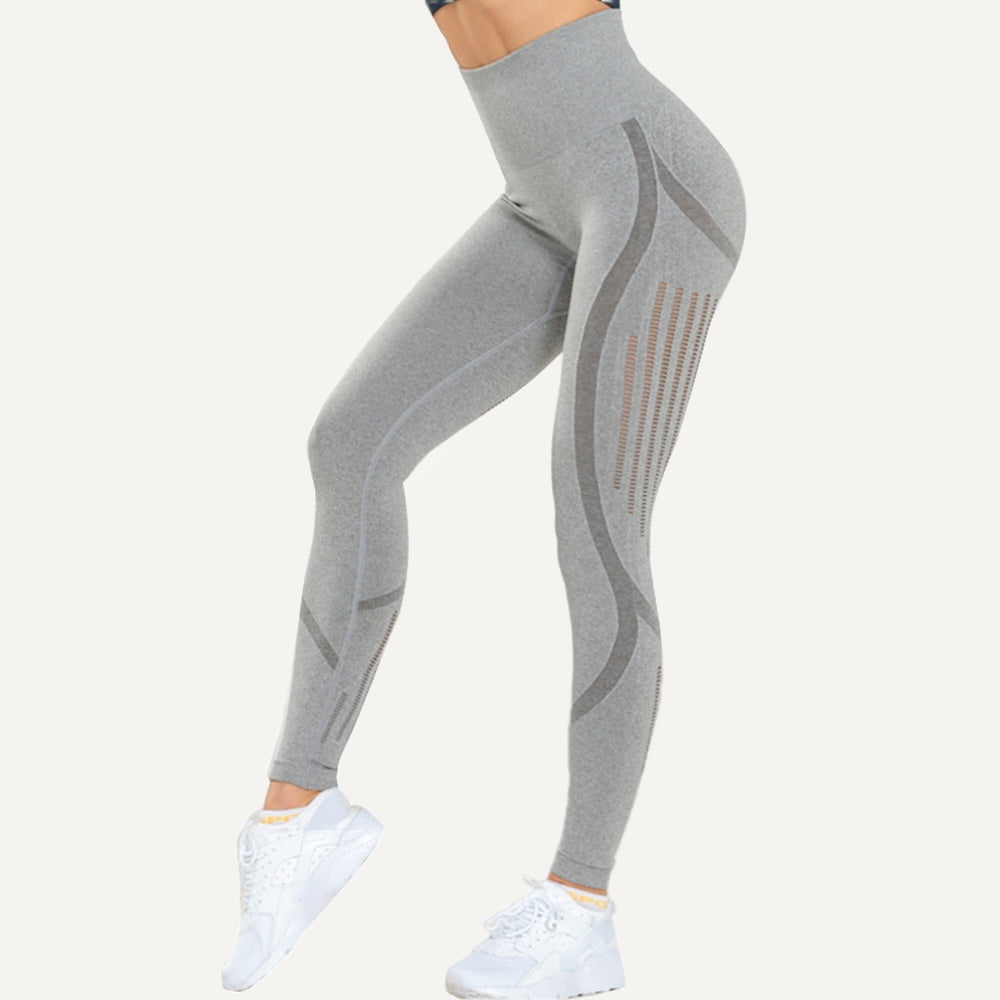 High-Waisted Leggings with Openwork Side Panels - Light Gray