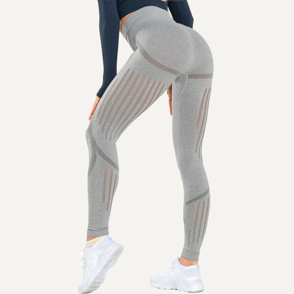 High-Waisted Leggings with Openwork Side Panels - Light Gray