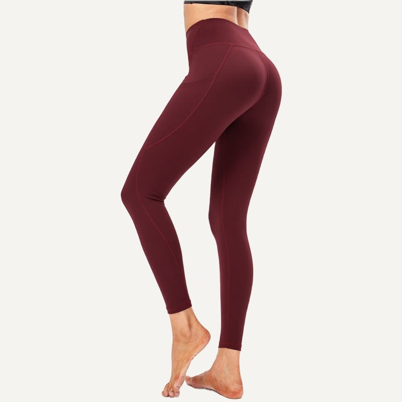 High-Waisted Leggings with Side Pockets - Burgundy
