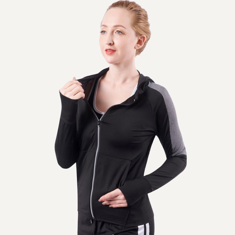 Hooded Workout Jacket with Patterned Sleeve Panels - Gray Black