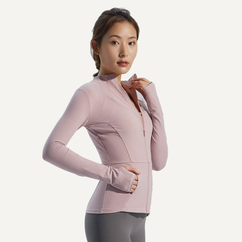 Paneled Zip-Up Workout Jacket with Thumbholes - Blush
