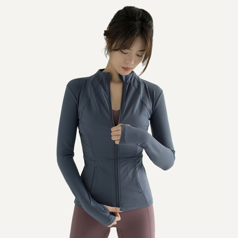 Paneled Zip-Up Workout Jacket with Thumbholes - Slate