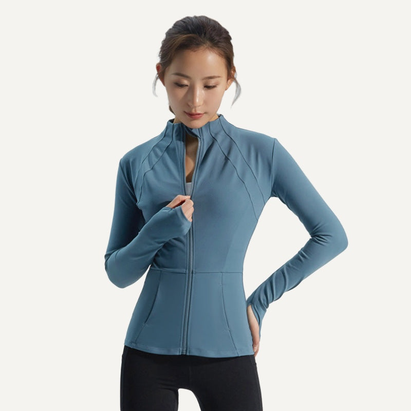 Paneled Zip-Up Workout Jacket with Thumbholes - Dusty Blue