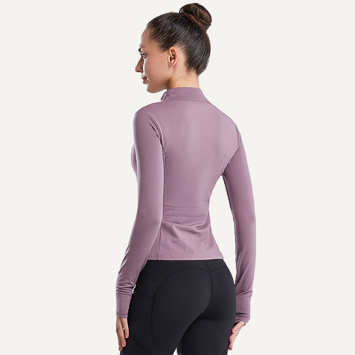 Stand-Collar Workout Jacket with Thumbhole Cuffs - Mauve