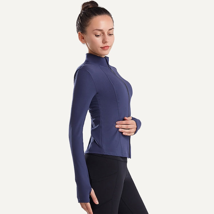 Stand-Collar Workout Jacket with Thumbhole Cuffs - Navy
