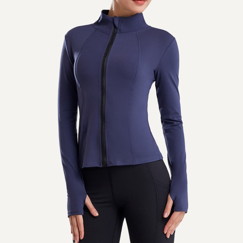 Stand-Collar Workout Jacket with Thumbhole Cuffs - Navy