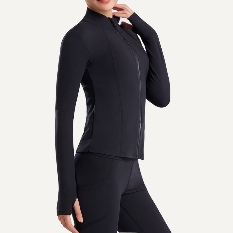 Stand-Collar Workout Jacket with Thumbhole Cuffs - Black