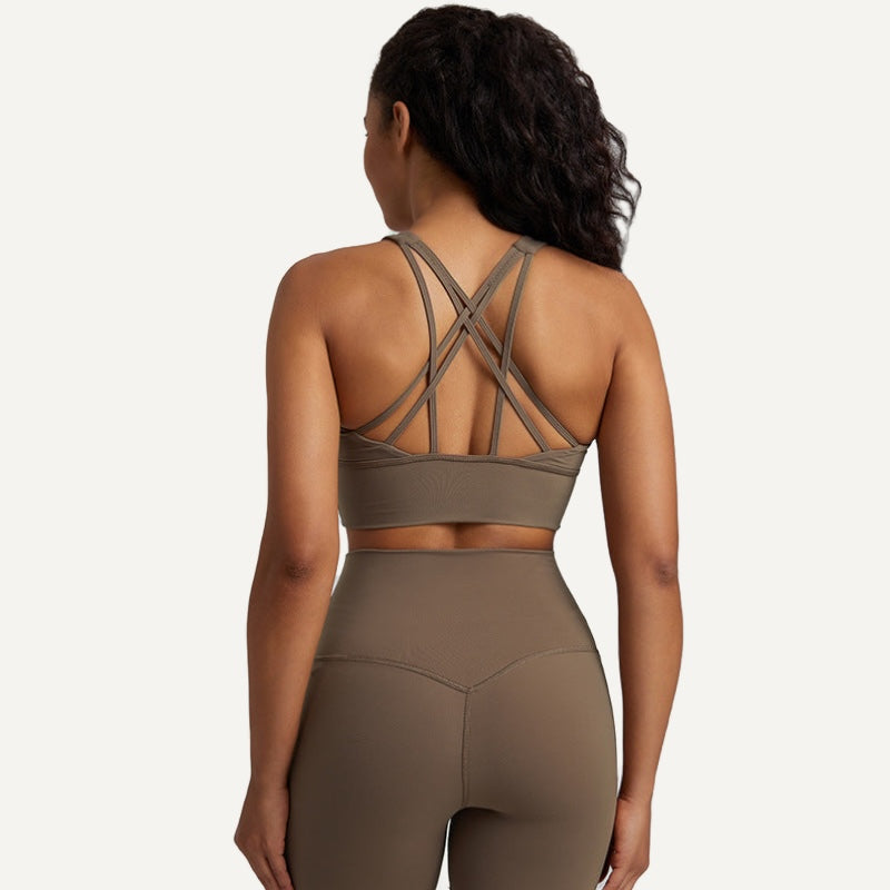 Strappy-Back Sports Bra with Wide Underband - Taupe