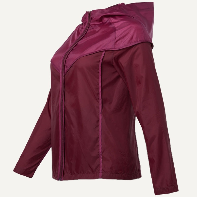 Colorblock Hooded Workout Jacket with Front Zipper - Wine