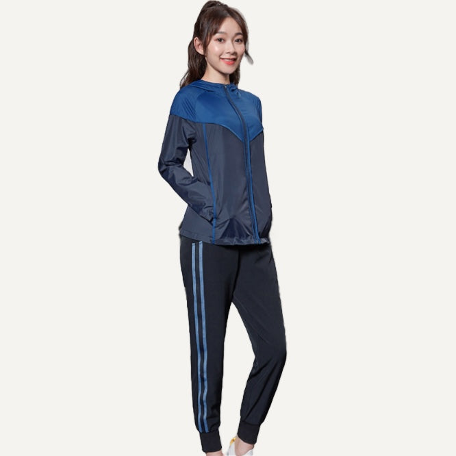Colorblock Hooded Workout Jacket with Front Zipper - Blue Navy