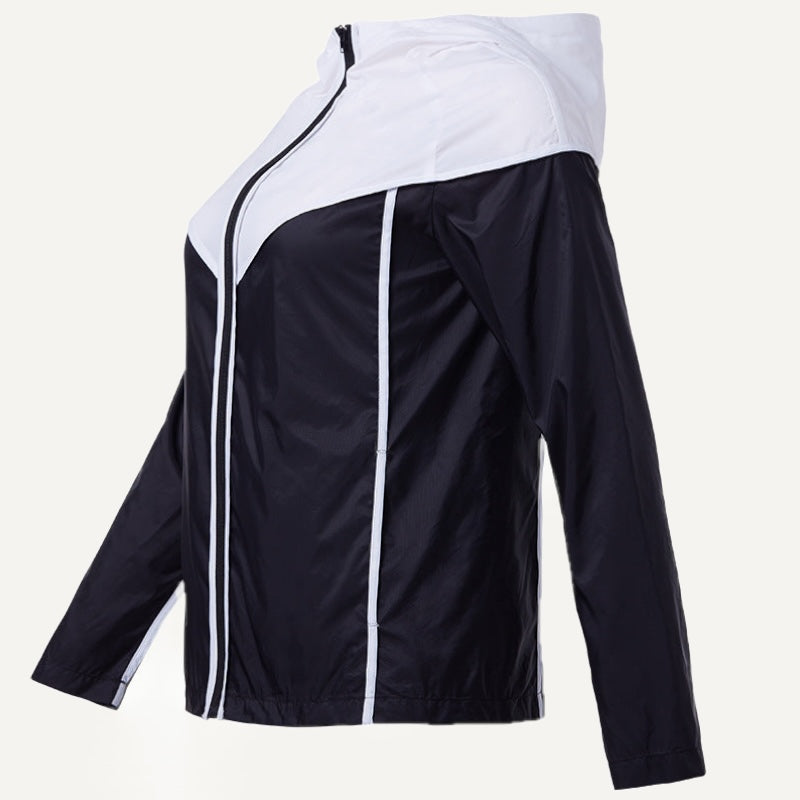 Colorblock Hooded Workout Jacket with Front Zipper - Black White